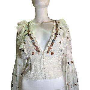 Free People V-Neck Floral Embroidery Button Down Blouse Ruffle Boho Size SP Good